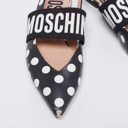 Moschino Black/White Polka Dot Leather and Logo Elastic Slingback Flats Size 39