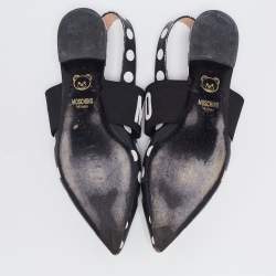 Moschino Black/White Polka Dot Leather and Logo Elastic Slingback Flats Size 39