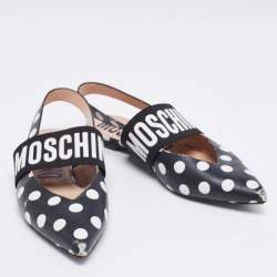 Moschino Black/White Polka Dot Leather and Logo Elastic Slingback Flats Size 39