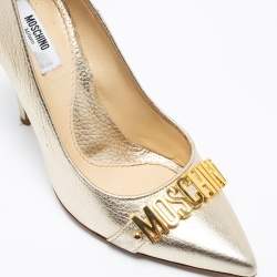 Pre Owned Moschino Metallic Gold Leather Logo Embellished Pointed Toe Pumps Size 36