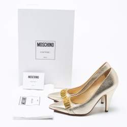 Pre Owned Moschino Metallic Gold Leather Logo Embellished Pointed Toe Pumps Size 36