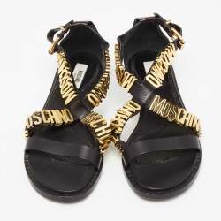 Moschino Black Leather Logo Print Sandals Size 36