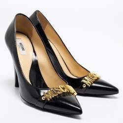 Moschino Black Leather Logo Buckle Pointed-Toe Pumps Size 39