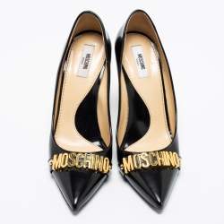 Moschino Black Leather Logo Buckle Pointed-Toe Pumps Size 39