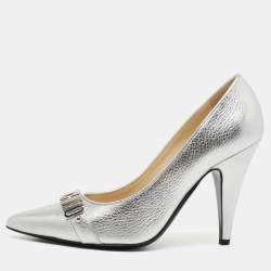Pre Owned Moschino Silver Leather Logo Letter Pointed Toe Pumps Size 39