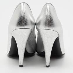 Pre Owned Moschino Silver Leather Logo Letter Pointed Toe Pumps Size 39