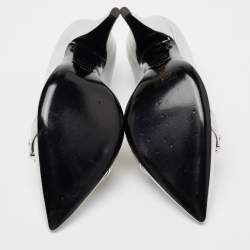 Pre Owned Moschino Silver Leather Logo Letter Pointed Toe Pumps Size 39