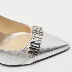 Pre Owned Moschino Silver Leather Logo Letter Pointed Toe Pumps Size 39