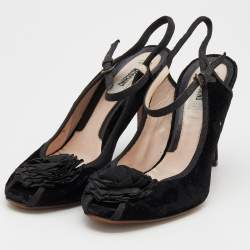 Moschino Black Velvet Flower Embellished Mary Jane Peep Toe Sandals Size 38