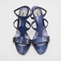Moschino Blue/Black Python Leather Ankle Strap Sandals Size 37.5
