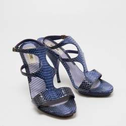 Moschino Blue/Black Python Leather Ankle Strap Sandals Size 37.5