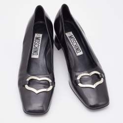 Pre Owned Moschino Black Leather Heart Square Toe Block Heel Pumps Size 37