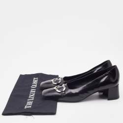 Pre Owned Moschino Black Leather Heart Square Toe Block Heel Pumps Size 37