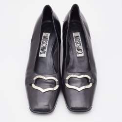 Pre Owned Moschino Black Leather Heart Square Toe Block Heel Pumps Size 37
