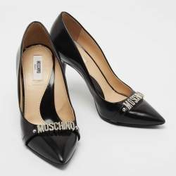 Pre Owned Moschino Black Leather Embellished Logo Pumps Size 36