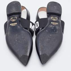Pre Owned Moschino Black Leather and Elastic Logo Strap Slingback Flats Size 36