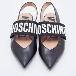 Pre Owned Moschino Black Leather and Elastic Logo Strap Slingback Flats Size 36