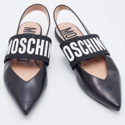 Pre Owned Moschino Black Leather and Elastic Logo Strap Slingback Flats Size 36