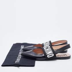 Pre Owned Moschino Black Leather and Elastic Logo Strap Slingback Flats Size 36