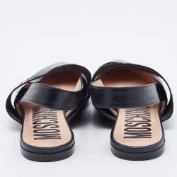 Pre Owned Moschino Black Leather and Elastic Logo Strap Slingback Flats Size 36
