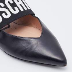 Pre Owned Moschino Black Leather and Elastic Logo Strap Slingback Flats Size 36
