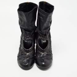 Pre Owned Moschino Black Pleated Leather Heart Cutout Ankle Booties Size 40