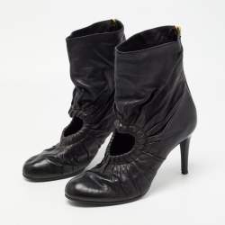 Pre Owned Moschino Black Pleated Leather Heart Cutout Ankle Booties Size 40