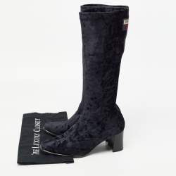 Pre Owned Moschino Black Velvet Calf Length Boots Size 38.5