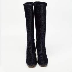 Pre Owned Moschino Black Velvet Calf Length Boots Size 38.5