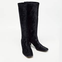 Pre Owned Moschino Black Velvet Calf Length Boots Size 38.5