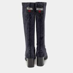 Pre Owned Moschino Black Velvet Calf Length Boots Size 38.5