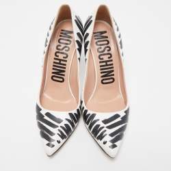 Pre Owned Moschino White/Black Brush Stroke Print Leather Pointed Toe Pumps Size 39