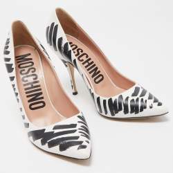 Pre Owned Moschino White/Black Brush Stroke Print Leather Pointed Toe Pumps Size 39