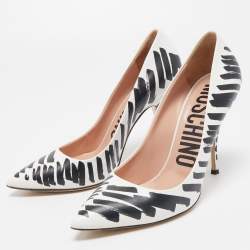 Pre Owned Moschino White/Black Brush Stroke Print Leather Pointed Toe Pumps Size 39