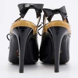 Pre Owned Moschino Multicolor Black/Beige Patent Leather Pointed Toe Lace Up Pumps Size 39