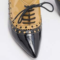 Pre Owned Moschino Multicolor Black/Beige Patent Leather Pointed Toe Lace Up Pumps Size 39