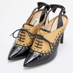 Pre Owned Moschino Multicolor Black/Beige Patent Leather Pointed Toe Lace Up Pumps Size 39