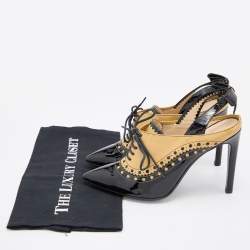 Pre Owned Moschino Multicolor Black/Beige Patent Leather Pointed Toe Lace Up Pumps Size 39