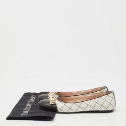 Pre Owned Moschino Black/White Leather Logo Embellished Ballet Flats Size 37 