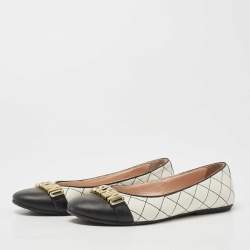 Pre Owned Moschino Black/White Leather Logo Embellished Ballet Flats Size 37 