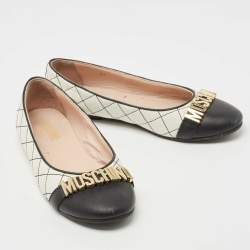 Pre Owned Moschino Black/White Leather Logo Embellished Ballet Flats Size 37 