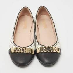 Pre Owned Moschino Black/White Leather Logo Embellished Ballet Flats Size 37 