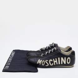 Pre Owned Love Moschino Black/White Faux Leather and Suede Lace Up Sneakers Size 38