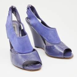 Pre Owned Moschino Blue Suede and Patent Leather Wedge Sandals Size 39