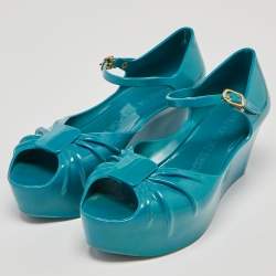 Pre Owned Moschino x Kartell Blue Rubber Jelly Super Bow Wedge Sandals Size 40