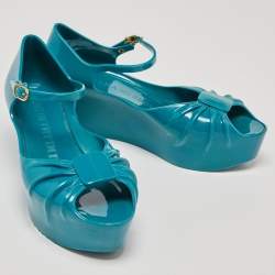 Pre Owned Moschino x Kartell Blue Rubber Jelly Super Bow Wedge Sandals Size 40