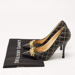 Pre Owned Moschino Black Quilted and Beaded Leather Logo Pumps Size 36