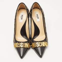 Pre Owned Moschino Black Quilted and Beaded Leather Logo Pumps Size 36