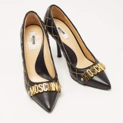 Pre Owned Moschino Black Quilted and Beaded Leather Logo Pumps Size 36