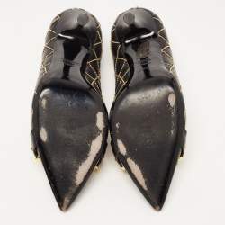 Pre Owned Moschino Black Quilted and Beaded Leather Logo Pumps Size 36